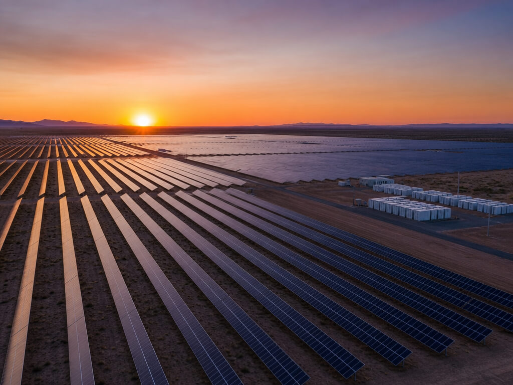 Imagem ilustrativa representando o futuro da energia solar com integração entre inteligência artificial, Internet das Coisas (IoT), sistemas de armazenamento por baterias e limpeza automatizada da PV Washer®. A tecnologia ajuda usinas solares a operar com máxima eficiência, geração contínua e manutenção inteligente dos módulos fotovoltaicos.