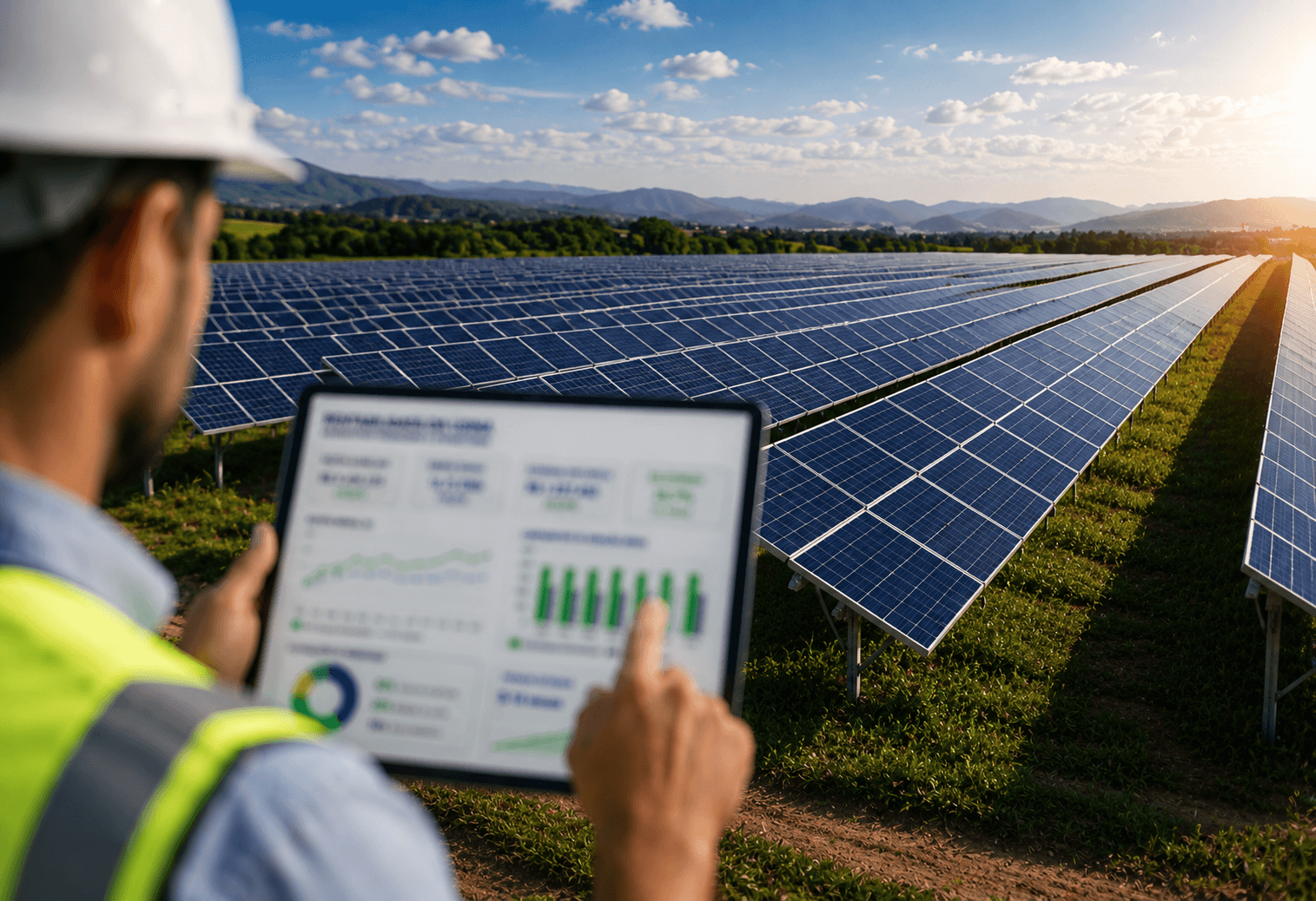Imagem ilustrativa de uma operação de limpeza automatizada em módulos fotovoltaicos utilizando a tecnologia PV Washer®. O sistema realiza a limpeza sem desligar a usina, utilizando aspersão de ar e água controlada para maximizar a eficiência energética e reduzir perdas causadas pela sujeira acumulada nos painéis solares.